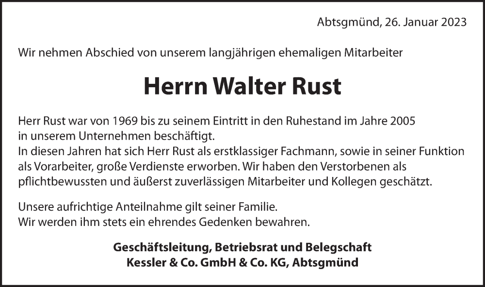  Traueranzeige für Walter Rust vom 26.01.2023 aus Schwäbische Post