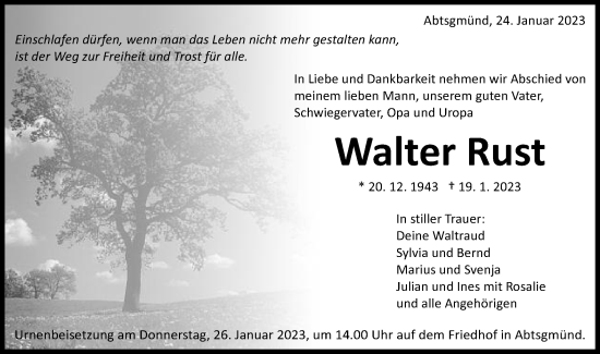 Traueranzeige von Walter Rust von Schwäbische Post