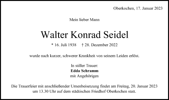 Traueranzeige von Walter Konrad Seidel von Schwäbische Post