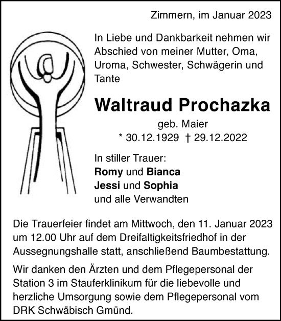 Traueranzeige von Waltraud Prochazka von Gmünder Tagespost
