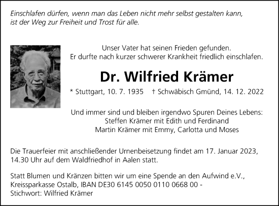 Traueranzeige von Wilfried Krämer von Schwäbische Post