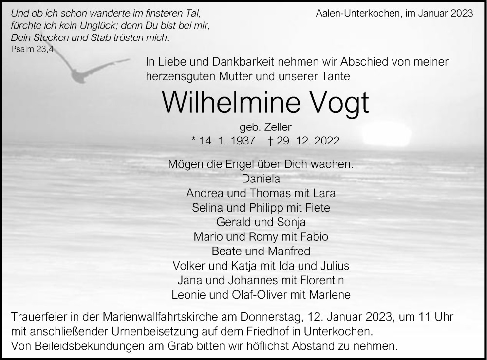  Traueranzeige für Wilhelmine Vogt vom 10.01.2023 aus Schwäbische Post