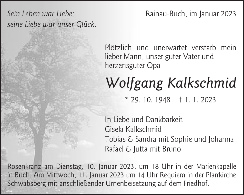  Traueranzeige für Wolfgang Kalkschmid vom 07.01.2023 aus Schwäbische Post
