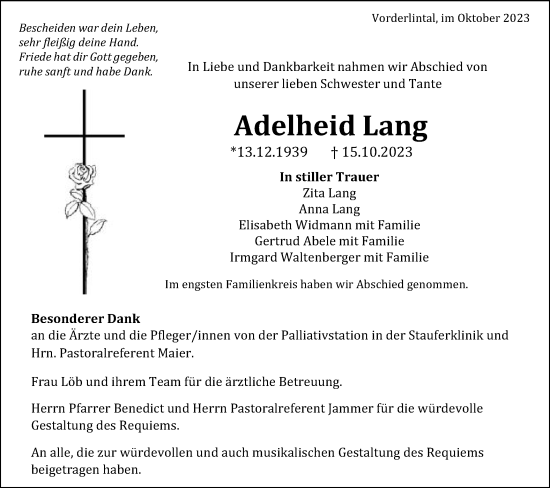 Traueranzeige von Adelheid Lang von Gmünder Tagespost