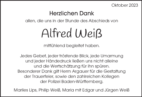 Traueranzeige von Alfred Weiß von Schwäbische Post