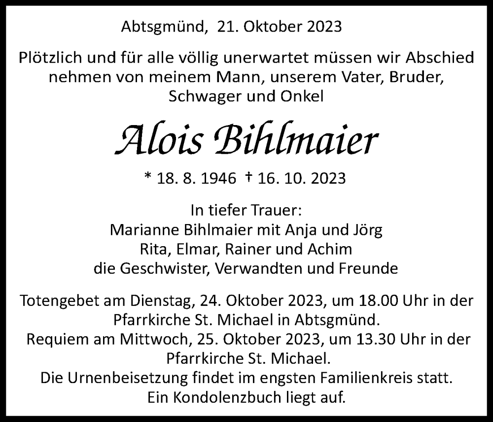  Traueranzeige für Alois Bihlmaier vom 21.10.2023 aus Schwäbische Post