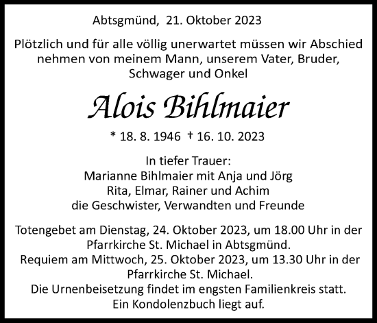 Traueranzeige von Alois Bihlmaier von Schwäbische Post