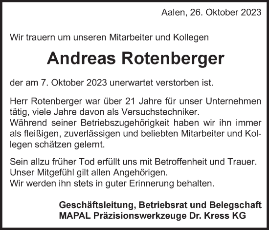 Traueranzeige von Andreas Rotenberger von Schwäbische Post