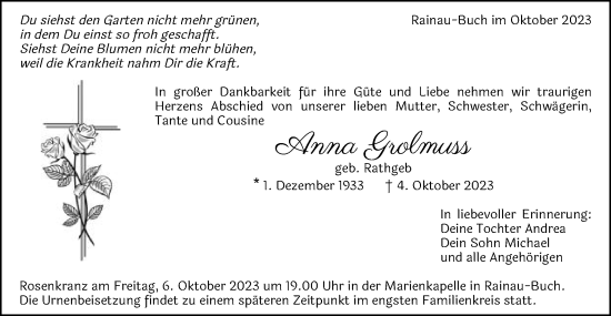 Traueranzeige von Anna Grolmuss von Schwäbische Post