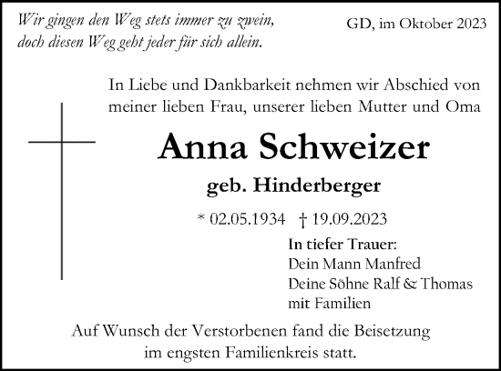 Traueranzeige von Anna Schweizer von Gmünder Tagespost
