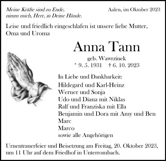 Traueranzeige von Anna Tann von Schwäbische Post