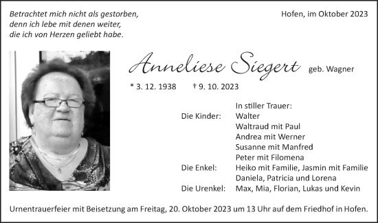 Traueranzeige von Anneliese Siegert von Schwäbische Post