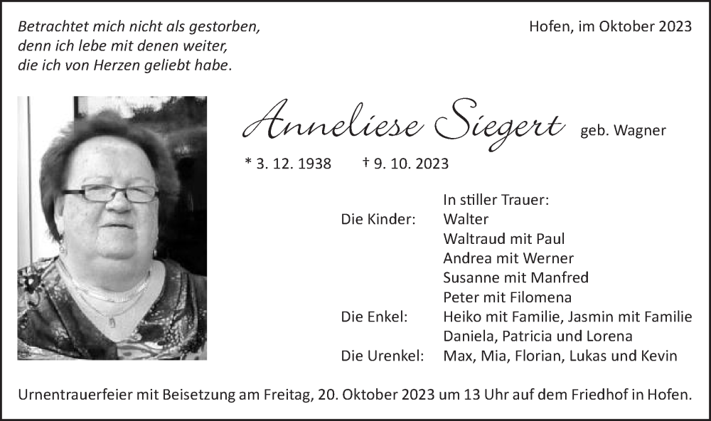  Traueranzeige für Anneliese Siegert vom 17.10.2023 aus Schwäbische Post