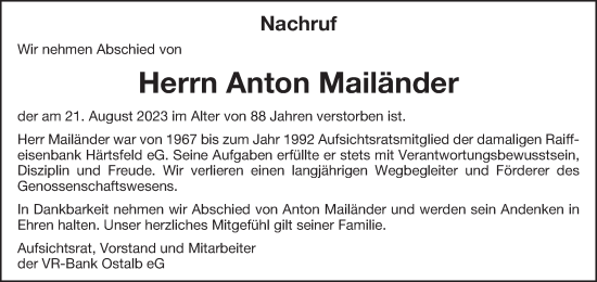 Traueranzeige von Anton Mailänder von Schwäbische Post
