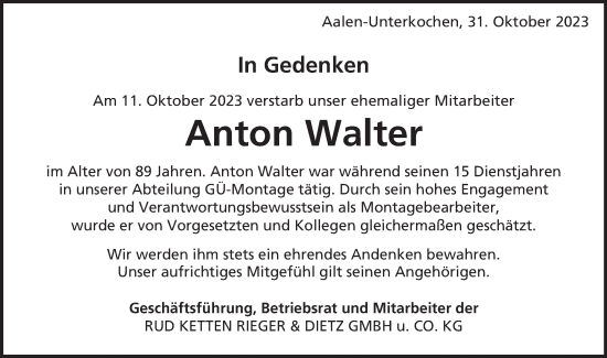 Traueranzeige von Anton Walter von Schwäbische Post