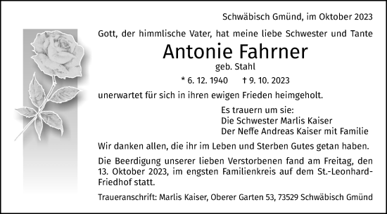 Traueranzeige von Antonie Fahrner von Gmünder Tagespost