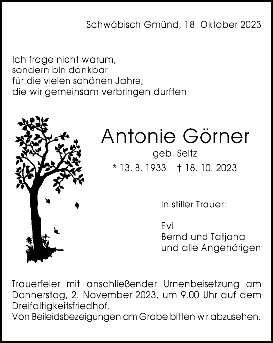 Traueranzeige von Antonie Görner von Gmünder Tagespost