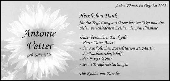 Traueranzeige von Antonie Vetter von Schwäbische Post