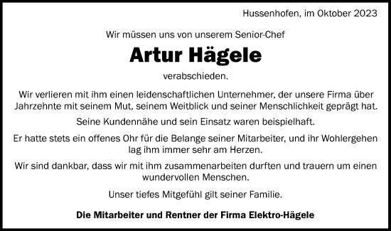 Traueranzeige von Artur Hägele von Gmünder Tagespost