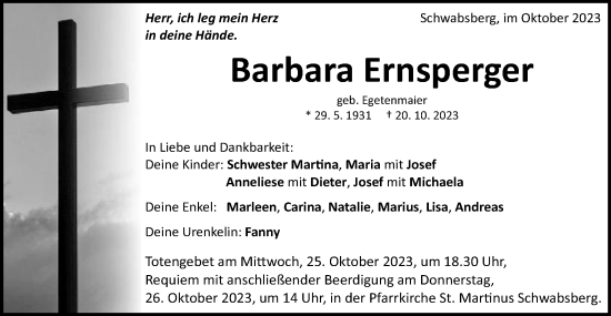 Traueranzeige von Barbara Ernsperger von Schwäbische Post