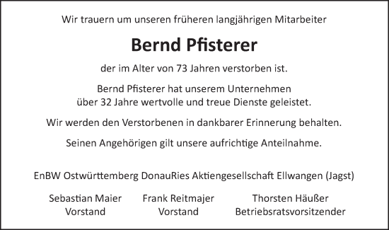 Traueranzeige von Bernd Pfisterer von Schwäbische Post