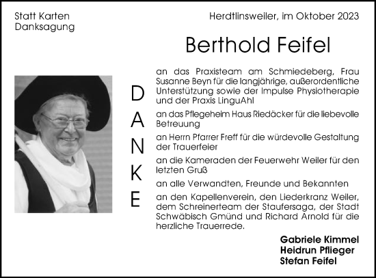 Traueranzeige von Berthold Feifel von Gmünder Tagespost
