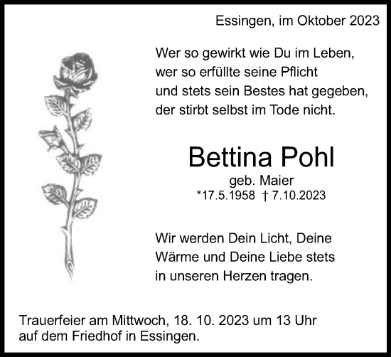 Traueranzeige von Bettina Pohl von Schwäbische Post