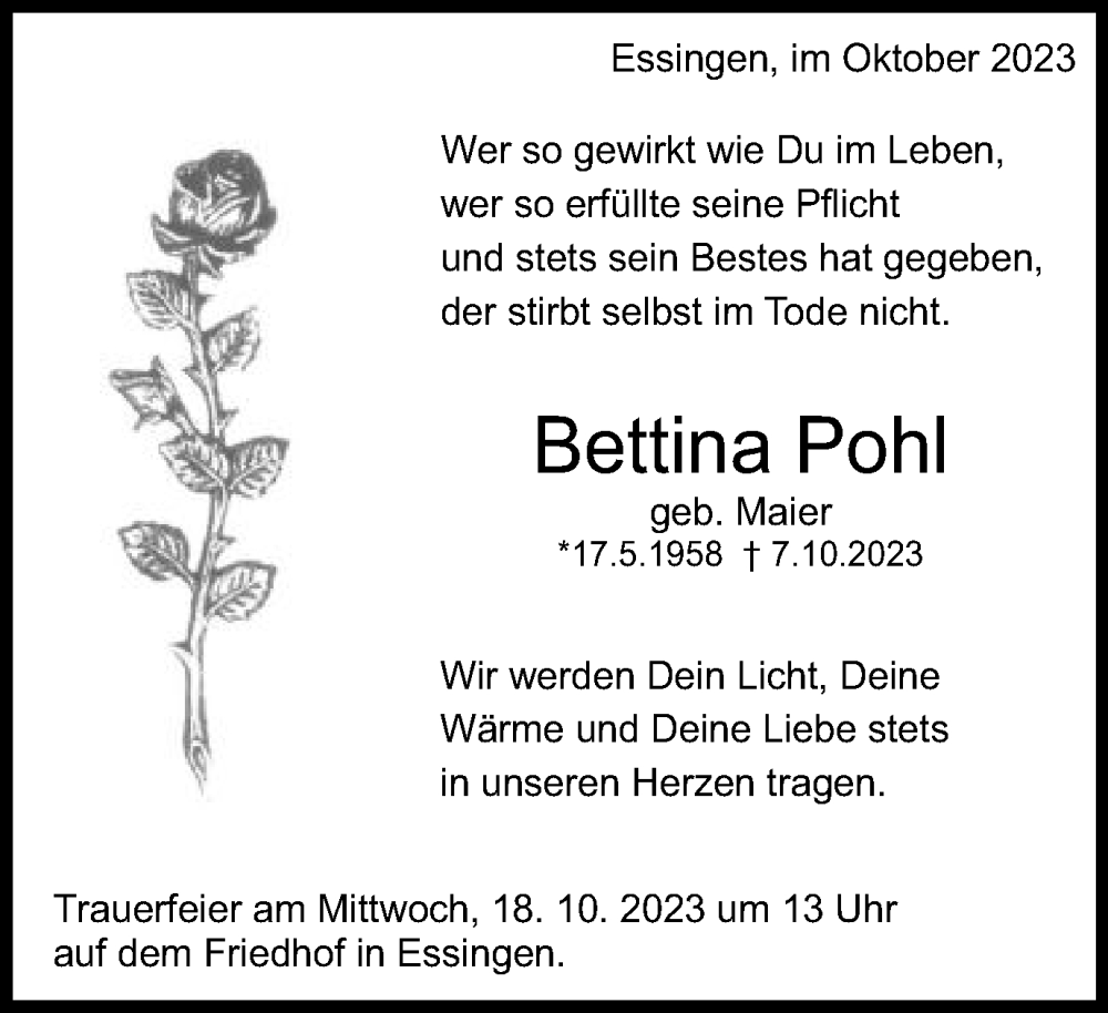  Traueranzeige für Bettina Pohl vom 14.10.2023 aus Schwäbische Post