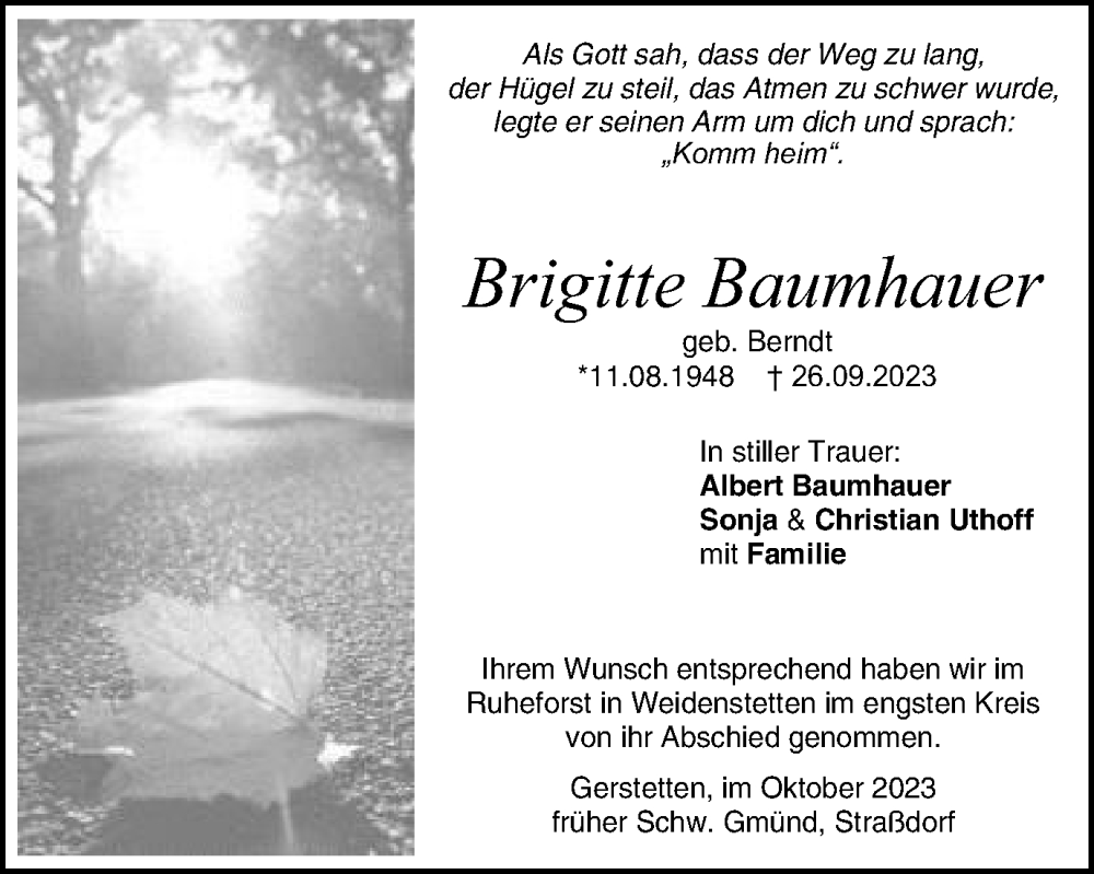  Traueranzeige für Brigitte Baumhauer vom 11.10.2023 aus Gmünder Tagespost