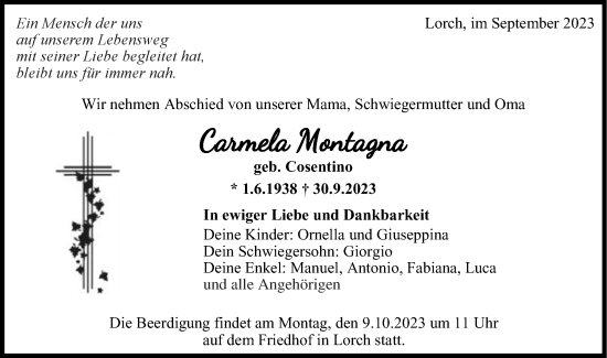 Traueranzeige von Camela Montagna von Gmünder Tagespost