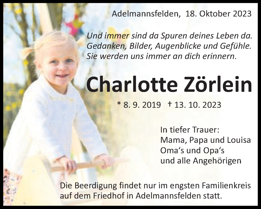 Traueranzeige für Charlotte Zörlein vom 18.10.2023 aus Schwäbische Post