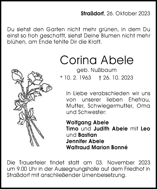 Traueranzeige von Corina Abele von Gmünder Tagespost