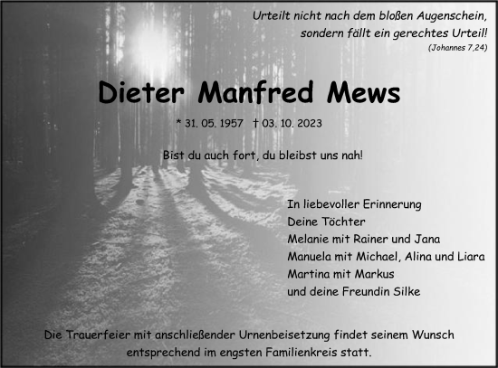 Traueranzeige von Dieter Manfred Mews von Gmünder Tagespost