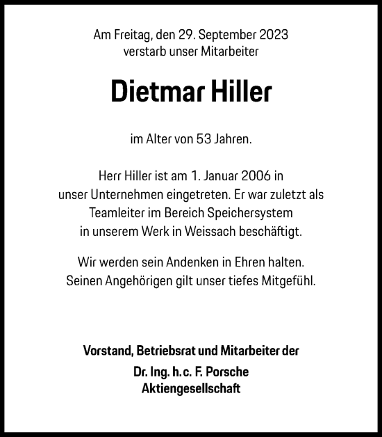 Traueranzeige von Dietmar Hiller von Gmünder Tagespost