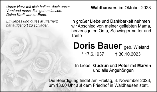 Traueranzeige von Doris Bauer von Gmünder Tagespost