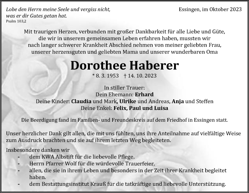  Traueranzeige für Dorothee Haberer vom 26.10.2023 aus Schwäbische Post