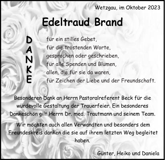 Traueranzeige von Edeltraud Brand von Gmünder Tagespost