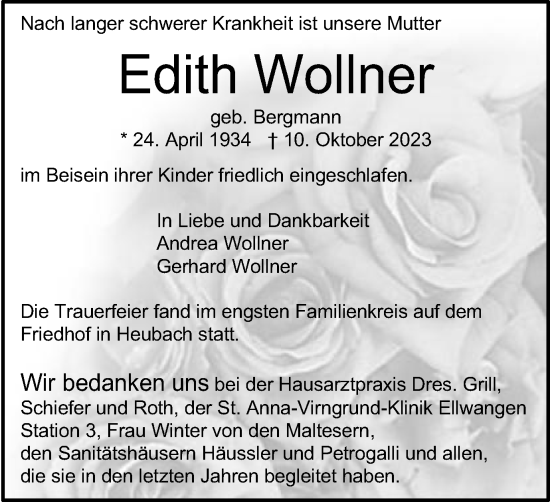 Traueranzeige von Edith Wollner