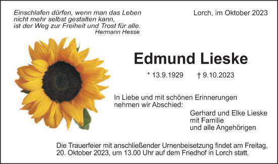 Traueranzeige von Edmund Lieske von Gmünder Tagespost