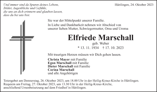 Traueranzeige von Elfriede Marschall von Schwäbische Post