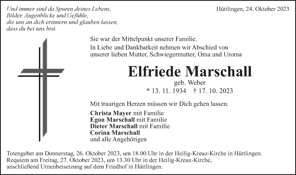  Traueranzeige für Elfriede Marschall vom 24.10.2023 aus Schwäbische Post