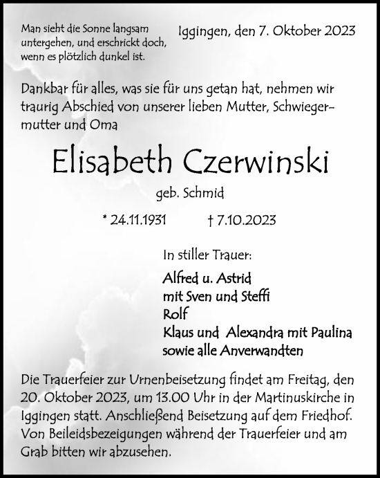 Traueranzeige von Elisabeth Czerwinski von Gmünder Tagespost