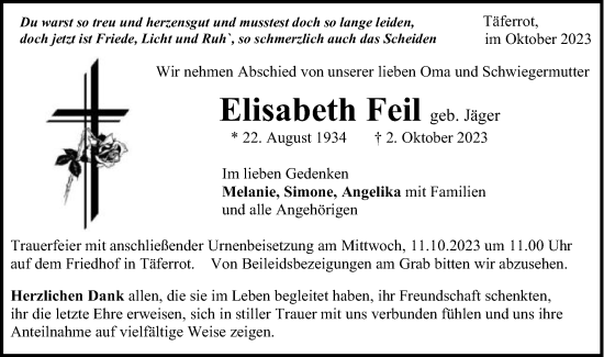 Traueranzeige von Elisabeth Feil von Gmünder Tagespost