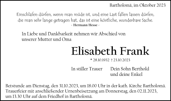 Traueranzeige von Elisabeth Frank von Gmünder Tagespost