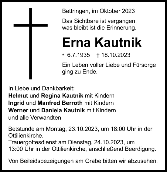 Traueranzeige von Erna Kautnik von Gmünder Tagespost