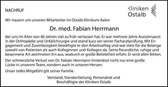 Traueranzeige von Fabian Herrmann von Schwäbische Post