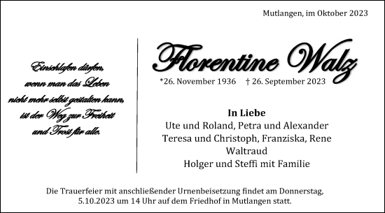 Traueranzeige von Florentine Walz von Gmünder Tagespost