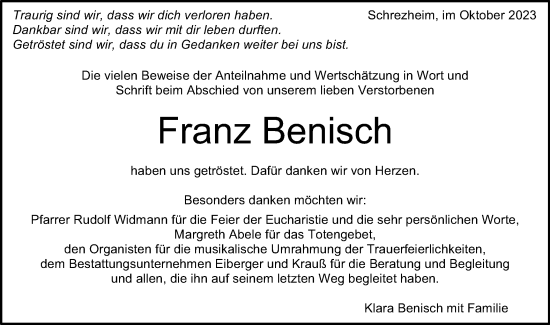 Traueranzeige von Franz Benisch