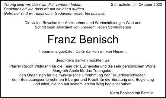 Traueranzeige von Franz Benisch von Schwäbische Post