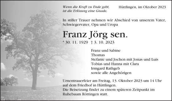 Traueranzeige von Franz Jörg von Schwäbische Post